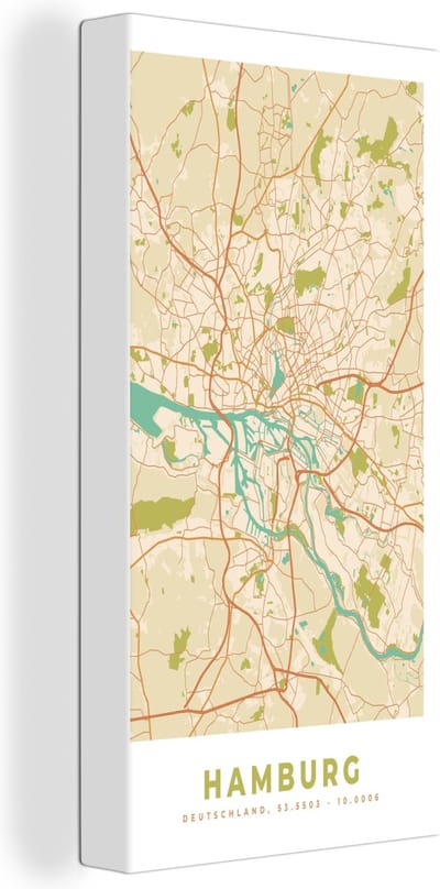 Canvas Schilderij Stadskaart - Hamburg - Kaart - Plattegrond - Vintage - 20x40 cm - Wanddecoratie
