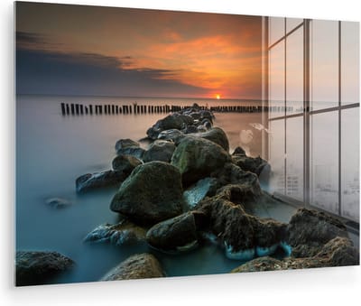 MuchoWow® Glasschilderij 120x80 cm - Schilderij acrylglas - Zee - Zon - Stenen - Foto op glas - Muurdecoratie woonkamer - Wanddecoratie slaapkamer - Schilderijen