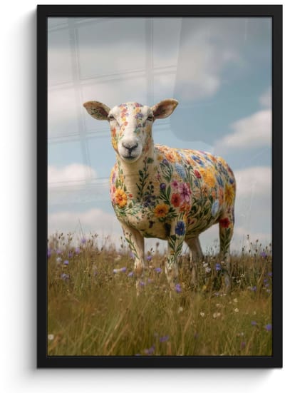 Poster in lijst - Fotolijst 40x60 cm - Posters - Schaap - Bloemen - Weide - Posterlijst zwart - Decoratie - Wanddecoratie woonkamer - Muurdecoratie slaapkamer