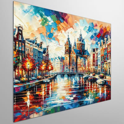 Acryl amsterdam schilderij | Vibrant Cityscape: A Modern Acrylic Masterpiece from Amsterdam | Kunst - 30x30 centimeter op Dibond | Foto op Dibond