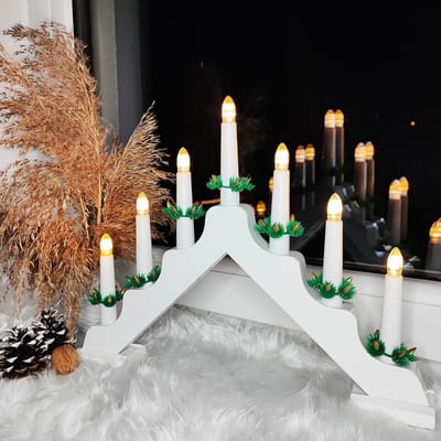 Springos LED Kaarsenbrug | Kandelaar | Woonaccessoires | Inclusief Batterijen | Hout/Wit | Warm Wit