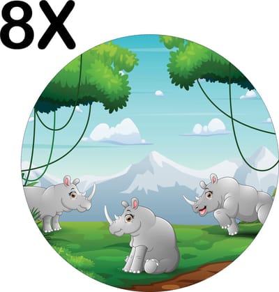 Luxe Ronde Placemat - Vrolijke Neushoorns in het Bos - Getekend - Set van 8 Placemats - 50x50 cm - 2 mm dik Vinyl - Anti Slip - Afneembaar