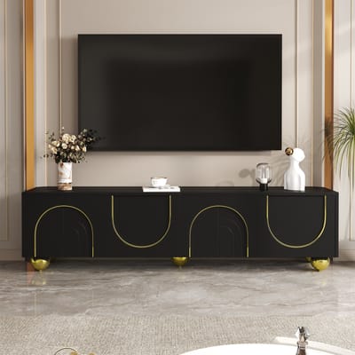 Zwart Goud Spaanplaat Tv Meubel 170x38x44cm Woonkamer Drukdeuren Gouden Poten Opberg