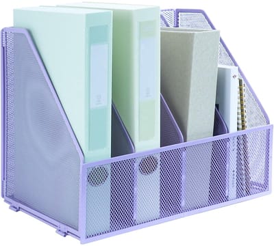 opvouwbare boekenplank, 4 verticale compartimenten tijdschriftenhouder, bureau-organizer, documentenmap voor kantoor, school en thuis, paars