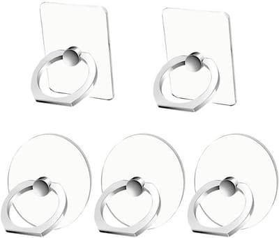 Mobiele telefoon ringhouder standaard 5 stuks zilver, transparante telefoon ringhouder vingerstandaard 360 ° rotatie, transparante telefoonringgreep compatibel met verschillende mobiele telefoons en tablets