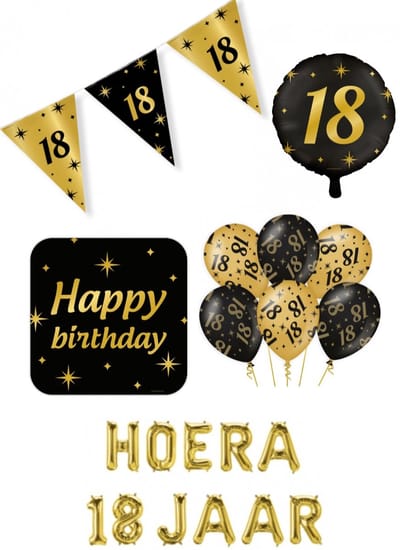 18 jaar Classy Party decoration pakket – luxe glamour goud zwart ballonnen – folieballonnen – vlaggenlijn