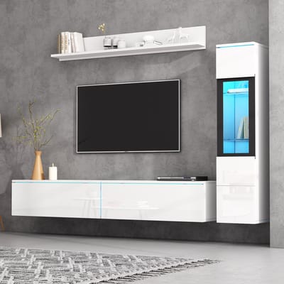 Wandmeubel-set - 3-delig - LED en Hoogglans - Met Vitrine en Wandplank - Hout - Wit