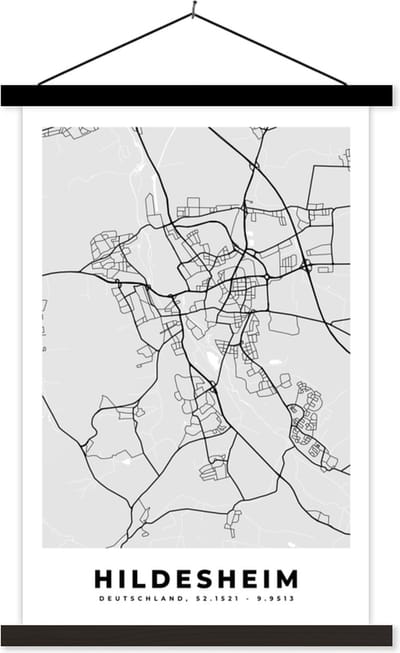 Posterhanger incl. Poster 40x60 cm - Schoolplaat - Kaart - Stadskaart - Duitsland - Hildesheim - Plattegrond - Textielposter - Zwarte latten - Stadskaart
