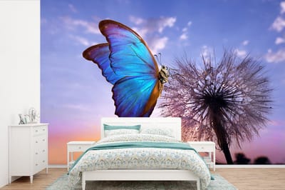 Behang - Fotobehang Vlinder - Zonsondergang - Paardebloem - Blauw - Breedte 420 cm x hoogte 280 cm