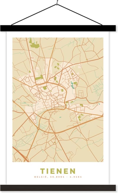 Posterhanger incl. Poster 40x60 cm - Schoolplaat - Stadskaart - Tienen - Plattegrond - Kaart - Vintage - Textielposter - Zwarte latten - Stadskaart