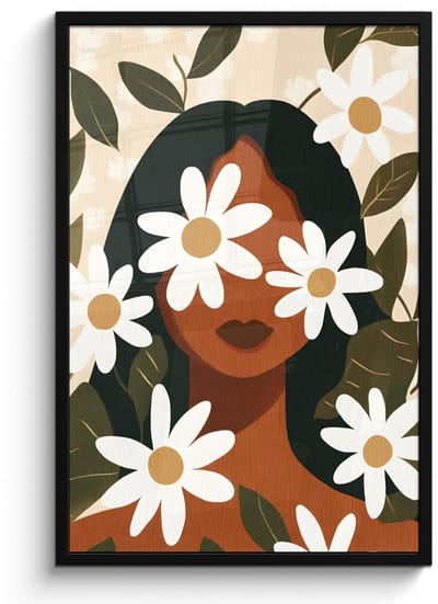 Poster in lijst - Fotolijst 60x90 cm - Posters - Illustratie - Vrouw - Madeliefjes - Wit - Posterlijst zwart - Decoratie - Wanddecoratie woonkamer - Muurdecoratie slaapkamer