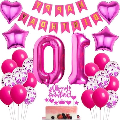 Feestelijke Ballonnen voor 10e Verjaardag Meisje - Roze en Rood Versieringen, Folie Ballonnen en Taartdecoraties