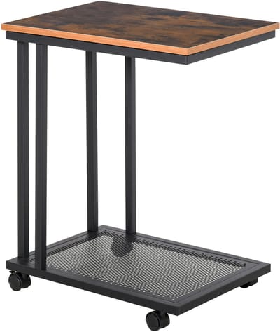 MODFU C-vorm Bijzettafel Rollend, Houten Blad en Metalen Frame, Zwart Walnoot, 51x36x65 cm, Voor Woonkamer & Keuken