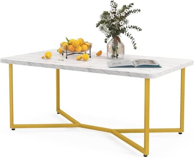 Rechthoekige Salontafel Marmerlook Wit met Gouden Metalen Frame - Moderne Koffietafel