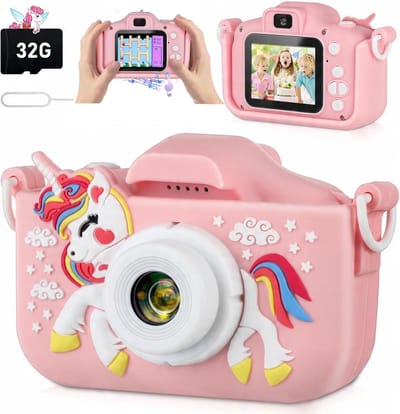 Unicorn Camera voor Kinderen - 48 Megapixel, 2.0" HD Scherm, 1080p Video, 5 Spelletjes & 64GB Kaart – Digitale Kindercamera met Dubbel Lens & Unicorn Design (Roze)