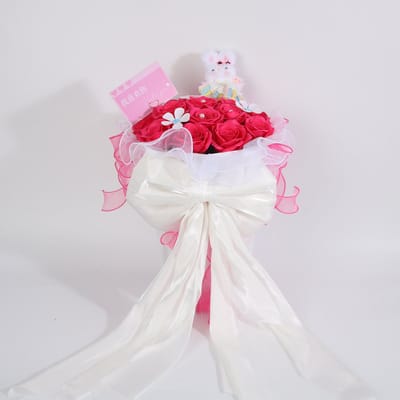 La Roselle Amsterdam Pink Romance Fuchsia Rozenboeket met Knuffel Konijntje – Kunstrozen in Cadeaubox – Romantisch Cadeau