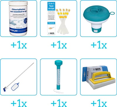 Zwembad Onderhoudspakket - Onderhoud Zwembad - bevat Chloor - Testrips - Chloordrijver - Schoonmaakset - Thermometer en Scrubborstel (6-delig)