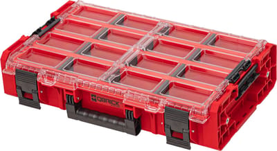 Qbrick System ONE Organiser XL 2.0 Long Bin RED ULTRA HD Custom stapelbaar 582 x 387 x 131 mm 13,5 l IP66 met 4 inlays en 12 scheidingswanden