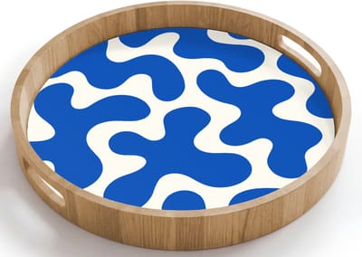 Dienblad rond 40x40 cm - Schootdienblad hout - Vormen - Abstract - Blauw - Golven - Borrelplank rechthoek - Plateau houten dienbladen