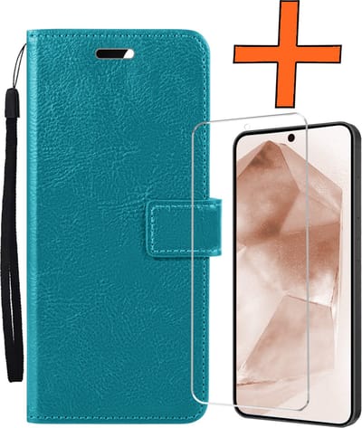Hoes - Met Screenprotector - Geschikt voor Samsung Galaxy A55 - Luxe Pasjeshouder - Bookcase Portemonee - Flip Case - Kunstleer Book Case - Flipcase - Book Cover - Walletcase - PortemonneeHoes - Turquoise