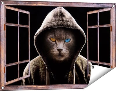 Gards Tuinposter Doorkijk Boze Kat Draagt een Hoodie - 90x60 cm - Tuindoek - Tuindecoratie - Wanddecoratie buiten - Tuinschilderij
