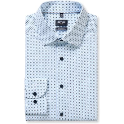 OLYMP 24/7 Luxor modern fit overhemd - dobby - wit met blauw dessin - Strijkvriendelijk - Boordmaat: 41