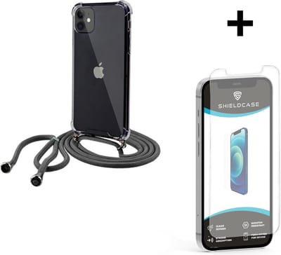 ShieldCase Shock hoesje met zwart koord geschikt voor Apple iPhone 12 / 12 Pro - 6.1 inch + glazen Screen Protector - Telefoonhoesje met koord - Backcover hoesje met koord - transparant / zwart