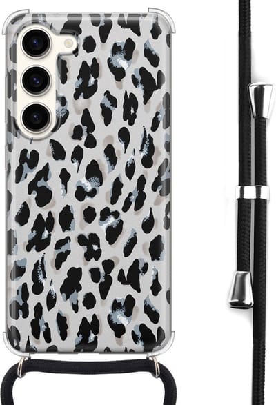Hoesje met koord - Geschikt voor Samsung Galaxy S23 - Luipaard grijs - Verstelbaar zwart koord - Crossbody - Luipaardprint - Transparant, Grijs - Leuke Telefoonhoesjes