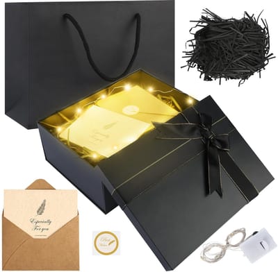 Dailygoods- Geschenkdoos met dekselset - Zwarte geschenkdoos - Wenskaart met envelop - Lichtsnoer - Draagtas - Geschikt voor alle gelegenheden - Cadeauverpakking