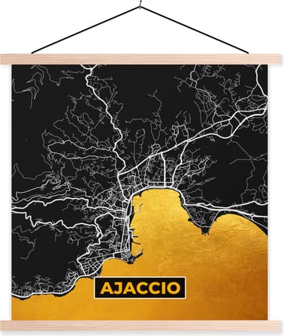 Posterhanger incl. Poster 40x40 cm - Schoolplaat - Stadskaart – Frankrijk – Kaart – Ajaccio – Plattegrond - Textielposter - Blanke latten - Stadskaart