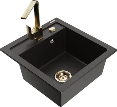 Mexen Vito granieten spoelbak met 1 bak en Rita keukenmengkraan, zwart/gouden metallic - 6503-75-670300-50