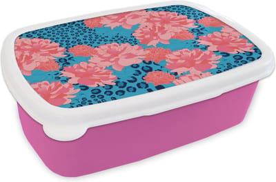 Broodtrommel Roze - Lunchbox - Brooddoos - Patronen - Jungle - Bloem - Luipaard print - 18x12x6 cm - Kinderen - Meisje