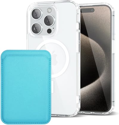 Shockproof Anti Shock Back Cover Hoesje Compatibel met MagSafe Geschikt voor: Apple iPhone 15 Pro Max met Magnetische Pasjeshouder - Lichtblauw