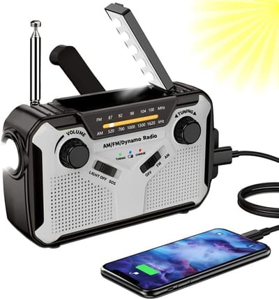 Zwengelradio - Crankradio DAB/FM - met Batterij 2500mAh - Oplaadbare Powerbank - Draagbare Zonneradio - met LED-zaklamp en leeslamp - Noodradio en SOS-alarm - Geschikt voor Wandelen, Kamperen, Buiten - grijs
