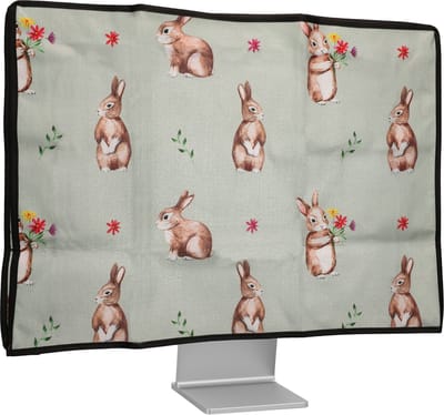 kwmobile stoffen beschermhoes voor monitor - geschikt voor 27-28" Monitor - Afdekhoes van linnen - In wit / bruin / grijsgroen Konijntjes en Bloemen design