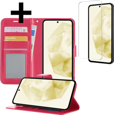 Hoesje - Met Screenprotector - Geschikt voor Samsung Galaxy A35 - Luxe Pasjeshouder - Bookcase Portemonee - Flip Case - Kunstleer Book Case - Flipcase - Book Cover - Walletcase - Portemonneehoes - Telefoonhoesjes - Donkerroze