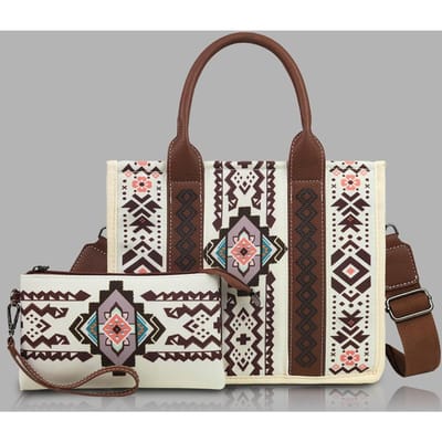 Een 2-delige Set Boheemse Etnische Stijl Handtassen, Hand- en Crossbody Tas, Retro Tote Bag, en Leeuwenkam Tas 27*12*21.5cm white