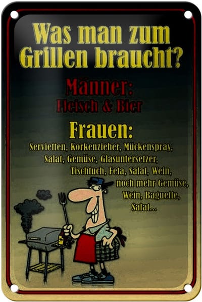 Blechschild Spruch 12x18cm Grillen Männer Fleisch Bier