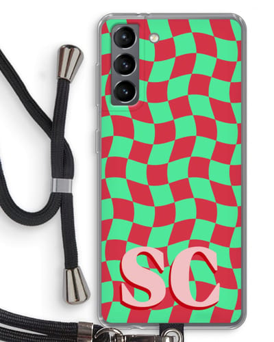 Gepersonaliseerd - Case Company® - Hoesje met koord geschikt voor Samsung Galaxy S21 hoesje met Koord - Grid Monogram - Telefoonhoesje met Zwart Koord - Bescherming aan alle Kanten en Over de Schermrand