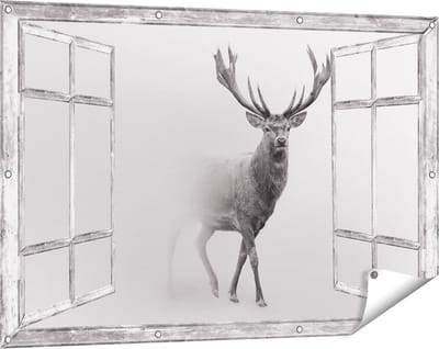 Gards Tuinposter Doorkijk Hert - Zwart Wit - 120x80 cm - Tuindoek - Tuindecoratie - Wanddecoratie buiten - Tuinschilderij
