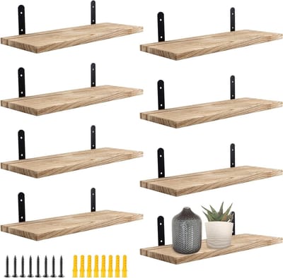 Set van 8 zwevende wandplanken van 40x15x1.5cm van natuurlijk hout, ideaal voor badkamer, keuken en woonkamer, inclusief schroeven voor eenvoudige montage