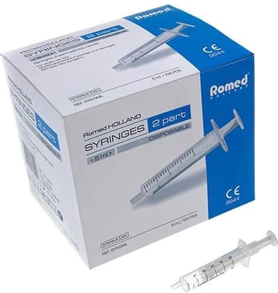 Romed 2-delige injectiespuiten 10ml luer slip 100 stuks Romed - doorzichtig/wit - Polypropyleen (loop) & Polyethyleen (zuiger) - 2-delige injectiespuit