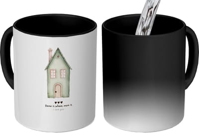 Magische Mok - Foto op Warmte Mokken - Koffiemok - Huisje - Groen - Tekst - Liefdevol - Magic Mok - Beker - 350 ML - Theemok - Mok met Tekst