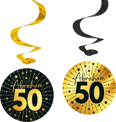 4x Swirls 'Abraham' jaar zwart / goud - Golden Celebrations - Verjaardag Feestje Hangdecoratie Versiering Feestdecoratie Decoratie