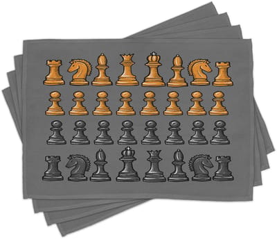 ABAKUHAUS Bordspel-placemats, schaakstukkenpatroon, tafeldecoratie uit kleurvaste stoffen voor de eetkamer en de keuken, koksgrijs abrikoos