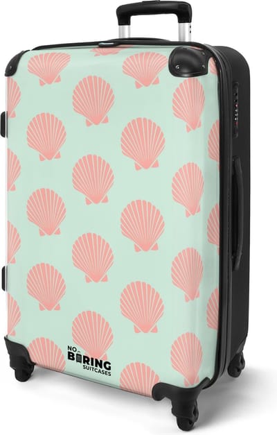 NoBoringSuitcases.com® - Koffer groot - Rolkoffer lichtgewicht - Blauw met roze schelpen - Reiskoffer op 4 wielen - Travel luggage suitcase - Volwassenen - Vakantie - Valies grote trolley XL - 20 kg bagage