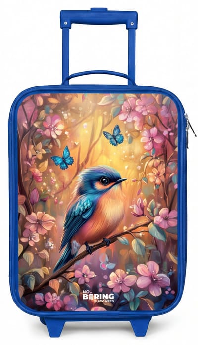 NoBoringSuitcases.com® - Kinderkoffer blauw - Kindertrolley jongen - Vogel met vlinders in kleurrijk bos. - Koffer kind lichtgewicht - Reiskoffer trolley voor kinderen - Koffertje met lichtgevende wieltjes - Rolkoffer