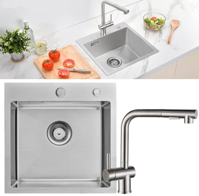 Auralum max Spoelbak Met Kraangat - Met keukenkraan met uittrekbare uitloop - Spoelbak Keuken - Spoelbakken Keuken - Keuken Gootsteen 45 x 45 cm - Keuken Gootsteen met Sifon en Afvoerzeefje - Zilver