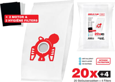 20x FJM 3D Stofzakken geschikt voor Miele - 20x Stofzuigerzakken + 4 Filters - Hygiëne en Motor filter meegeleverd! Premium kwaliteit - Multi lagen - Anti Allergie -Geschikt voor o.a. Miele C2, C1, S6, S4, S6000, S4000, S700, S500, S300, S200