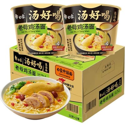 Bai Xiang Baixiang Witte Olifant instant noedelsoep oudemoeder-kippensmaak in beker 12 x 107 g